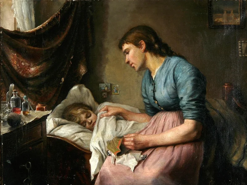 1847-Elisabeth Tornøe - Una madre veglia sul suo bambino malato